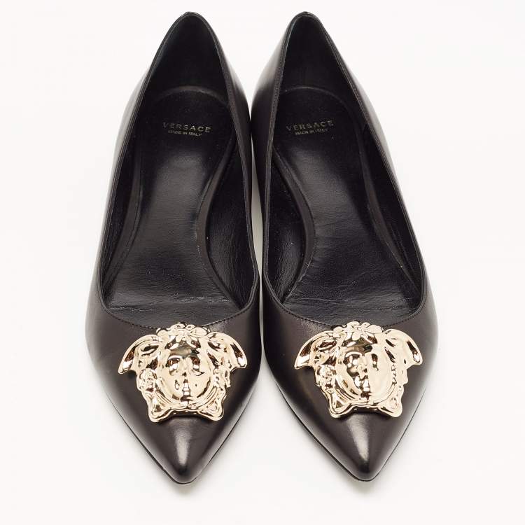 Pre Owned Versace Black Leather Medusa Ballet Flats Size 41