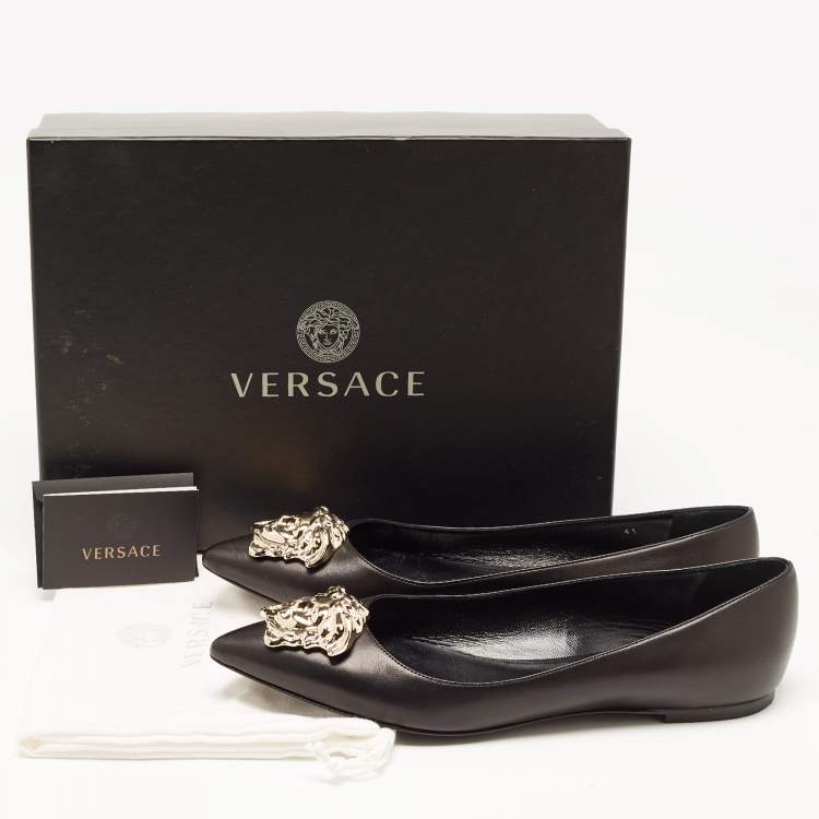Pre Owned Versace Black Leather Medusa Ballet Flats Size 41