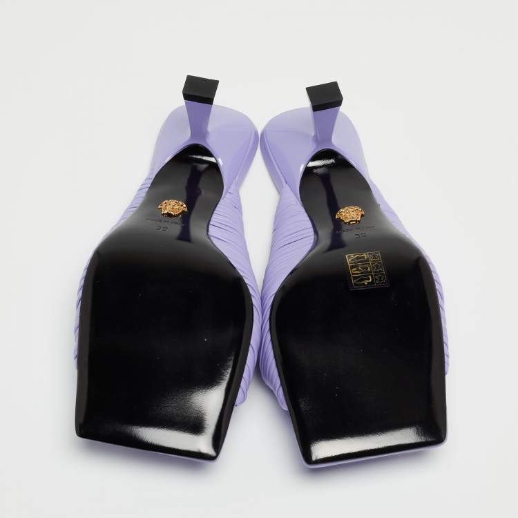 Pre Owned Versace Lavender Pleated Leather Plisse Slide Sandals Size 39