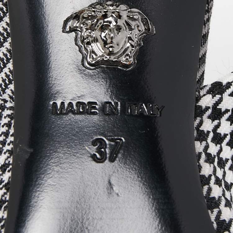 Pre Owned Versace Black/White Houndstooth Fabric Palazzo Medusa Slingback Pumps Size 37
