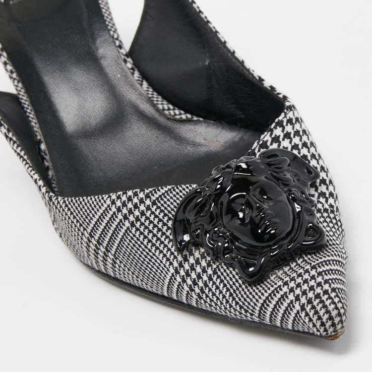 Pre Owned Versace Black/White Houndstooth Fabric Palazzo Medusa Slingback Pumps Size 37