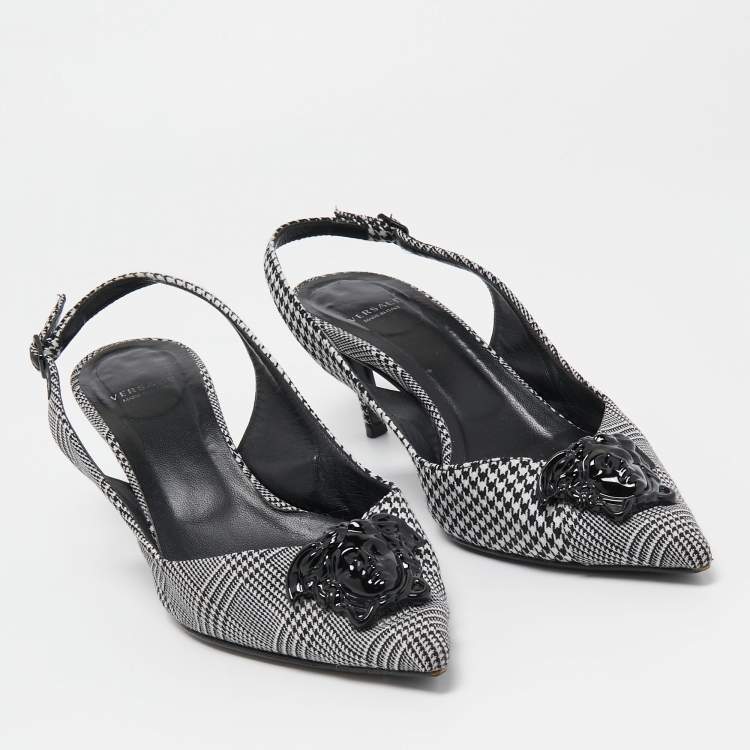 Pre Owned Versace Black/White Houndstooth Fabric Palazzo Medusa Slingback Pumps Size 37