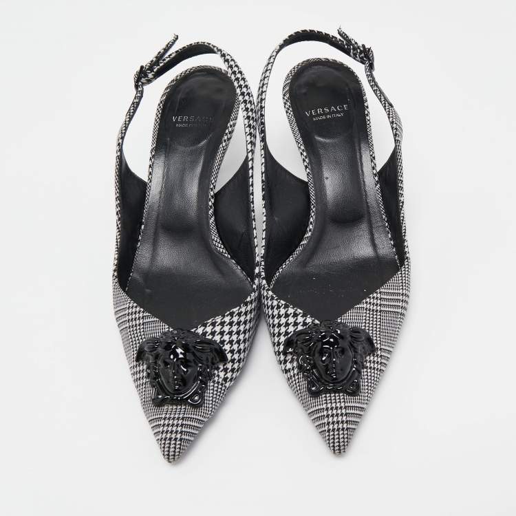 Pre Owned Versace Black/White Houndstooth Fabric Palazzo Medusa Slingback Pumps Size 37