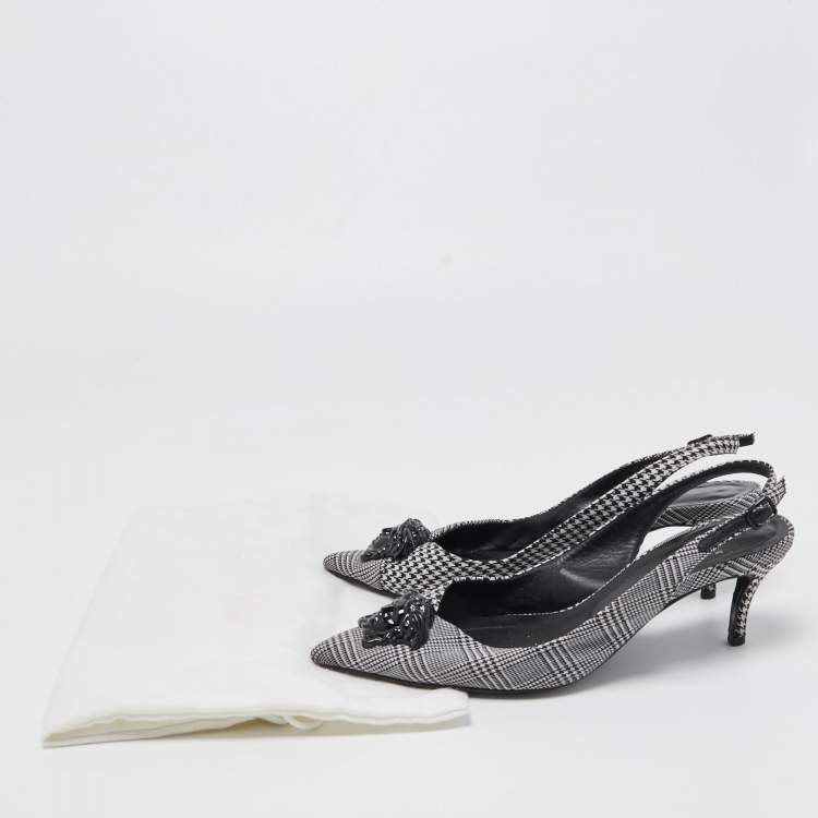 Pre Owned Versace Black/White Houndstooth Fabric Palazzo Medusa Slingback Pumps Size 37