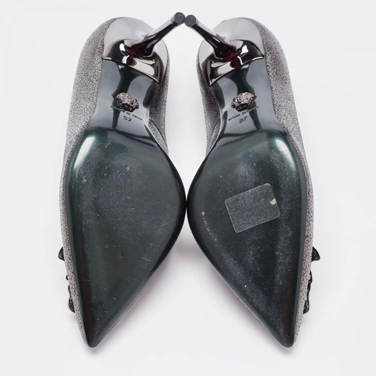Pre Owned Versace Dark Grey/Black Leather Medusa Pointed Toe Pumps Size 37