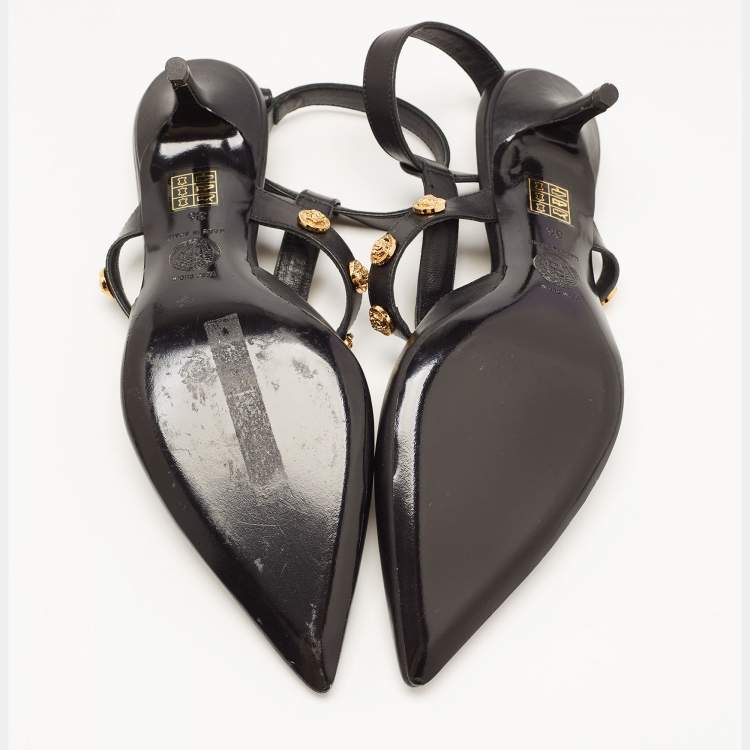 Pre Owned Versace Black Leather Medusa Ankle Strap Pumps Size 36