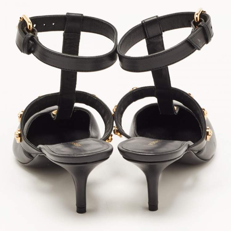 Pre Owned Versace Black Leather Medusa Ankle Strap Pumps Size 36