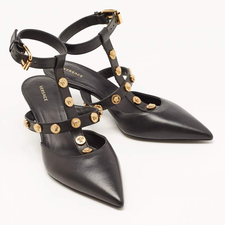 Pre Owned Versace Black Leather Medusa Ankle Strap Pumps Size 36