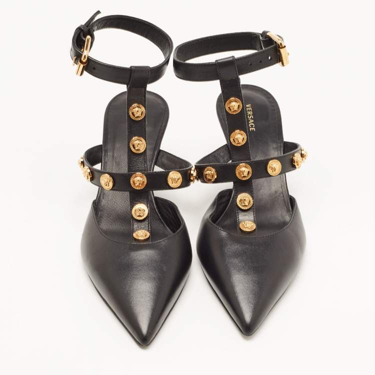 Pre Owned Versace Black Leather Medusa Ankle Strap Pumps Size 36