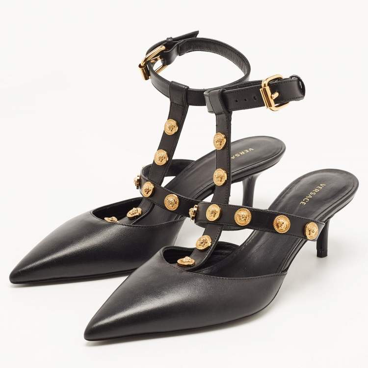 Pre Owned Versace Black Leather Medusa Ankle Strap Pumps Size 36