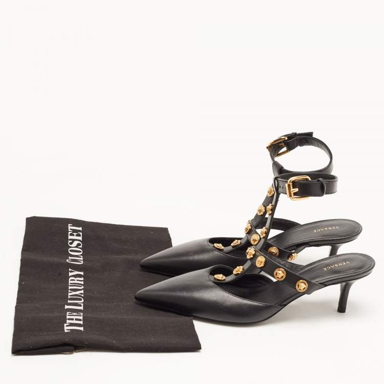 Pre Owned Versace Black Leather Medusa Ankle Strap Pumps Size 36