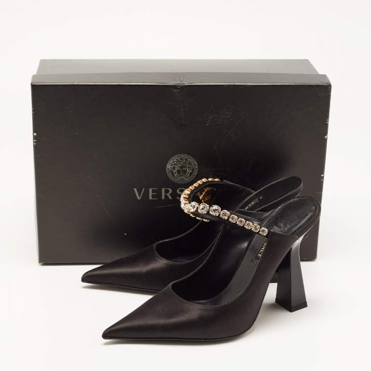 Pre Owned Versace Black Satin Crystal Embellished Pointed Toe Mules Size 36 