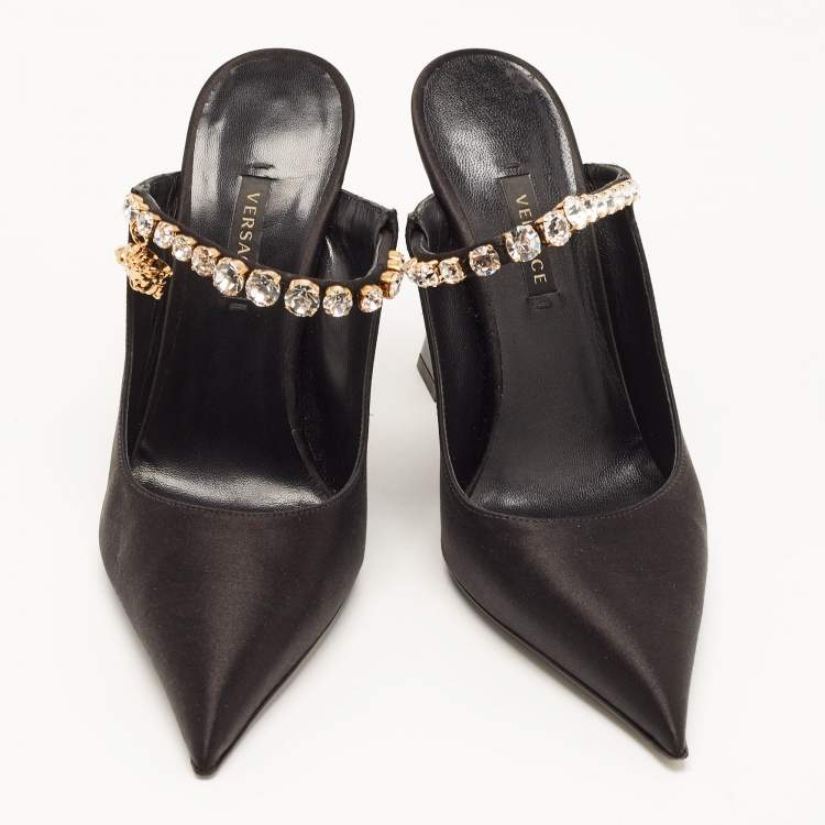 Pre Owned Versace Black Satin Crystal Embellished Pointed Toe Mules Size 36 