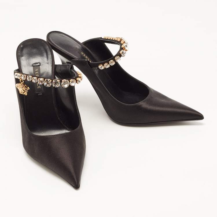 Pre Owned Versace Black Satin Crystal Embellished Pointed Toe Mules Size 36 
