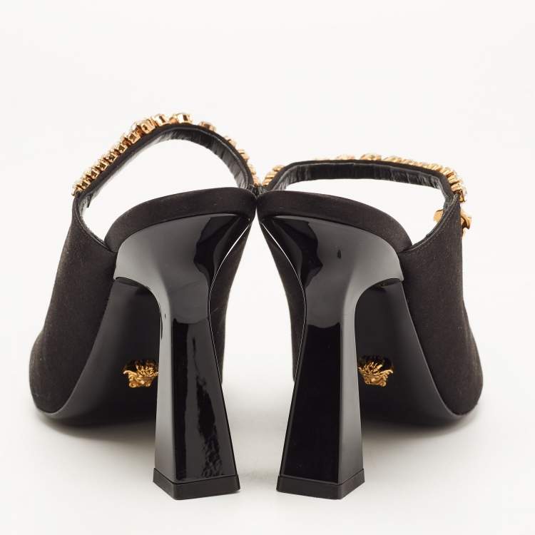 Pre Owned Versace Black Satin Crystal Embellished Pointed Toe Mules Size 36 