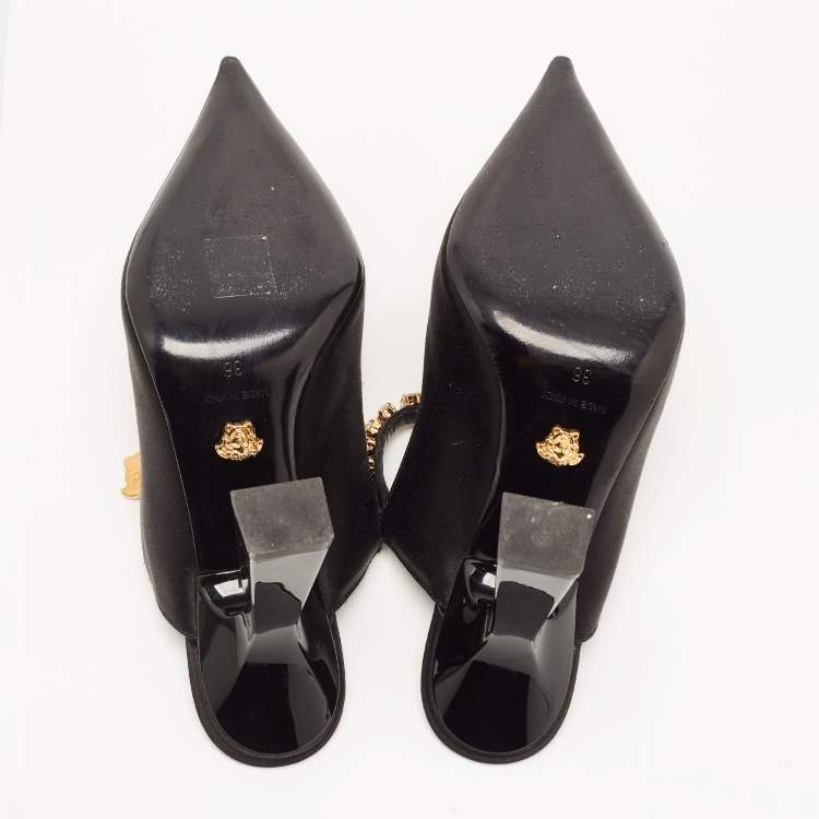 Pre Owned Versace Black Satin Crystal Embellished Pointed Toe Mules Size 36 