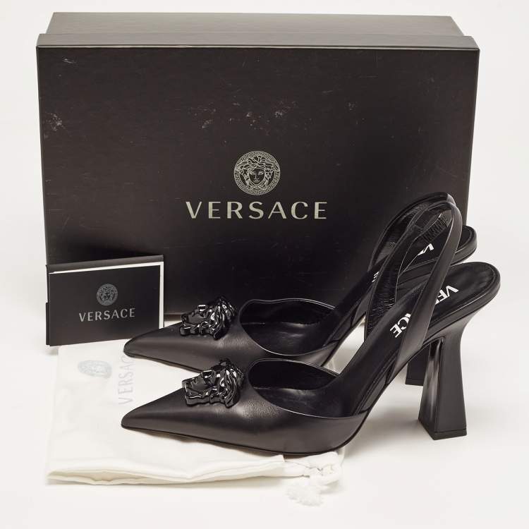 Pre Owned Versace Black Leather La Medusa Slingback Pumps Size 37.5