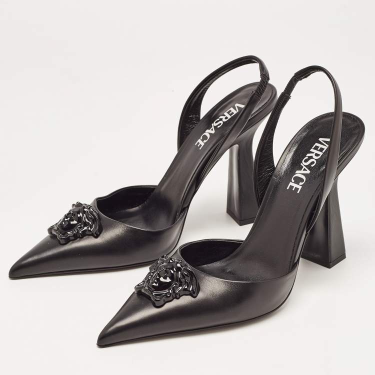 Versace Black Leather La Medusa Slingback Pumps Size 37.5
