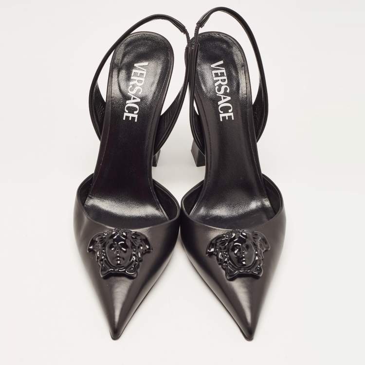 Pre Owned Versace Black Leather La Medusa Slingback Pumps Size 37.5