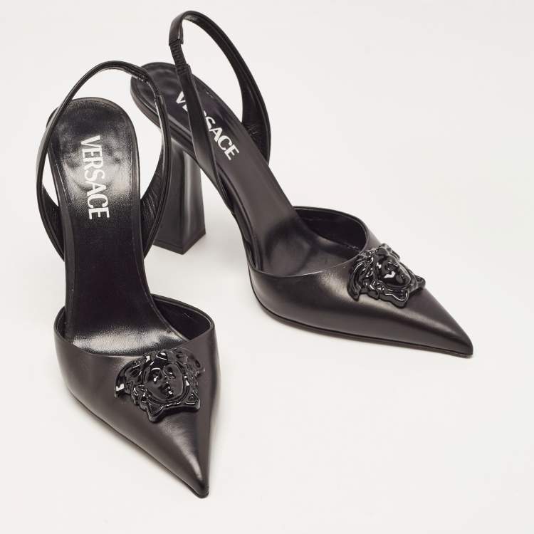 Pre Owned Versace Black Leather La Medusa Slingback Pumps Size 37.5