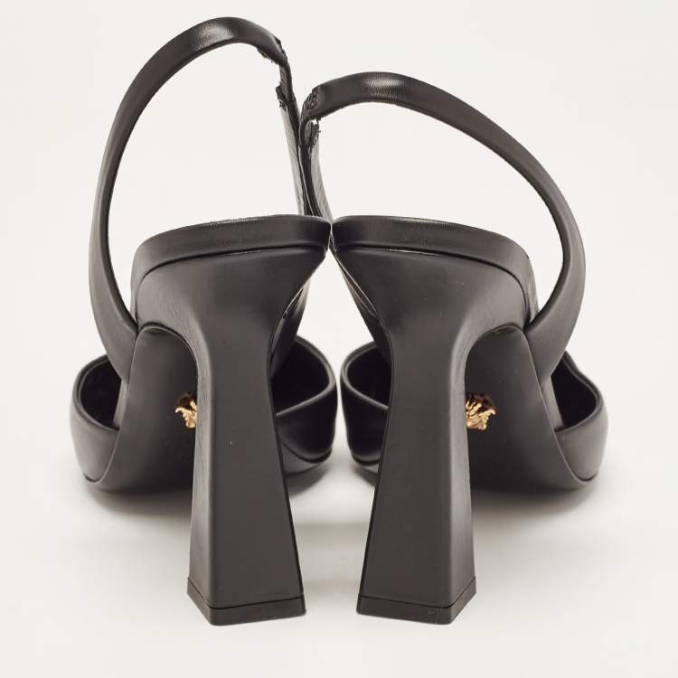 Pre Owned Versace Black Leather La Medusa Slingback Pumps Size 37.5
