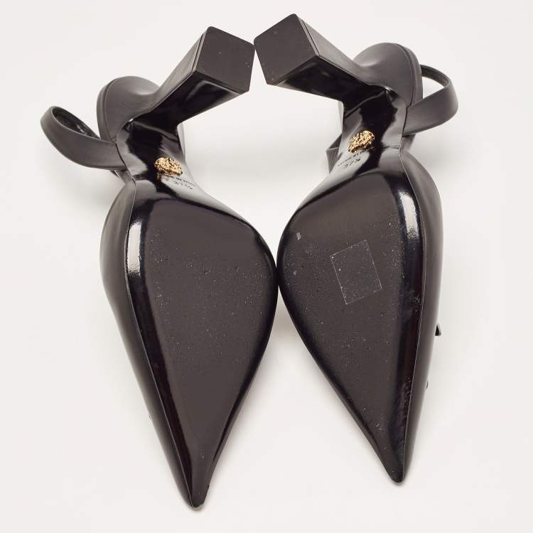 Pre Owned Versace Black Leather La Medusa Slingback Pumps Size 37.5