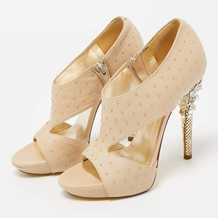 Versace Beige Studded Leather Crystal Embellished Heel Platform