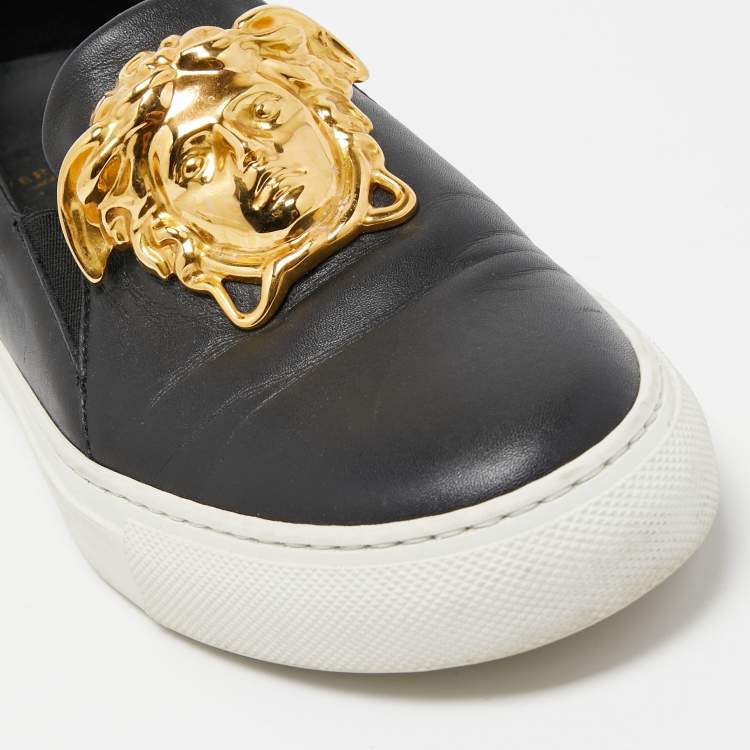 Pre Owned Versace Black Leather Palazzo Medusa Slip-On Sneakers Size  37