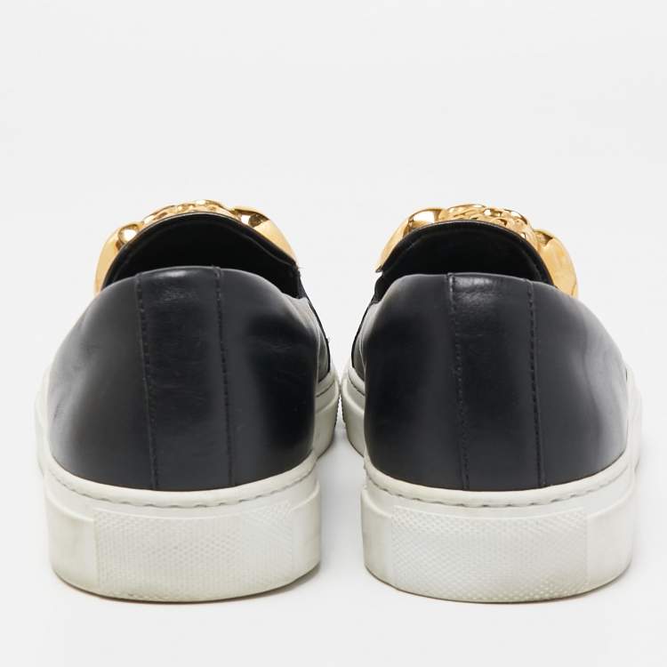 Pre Owned Versace Black Leather Palazzo Medusa Slip-On Sneakers Size  37