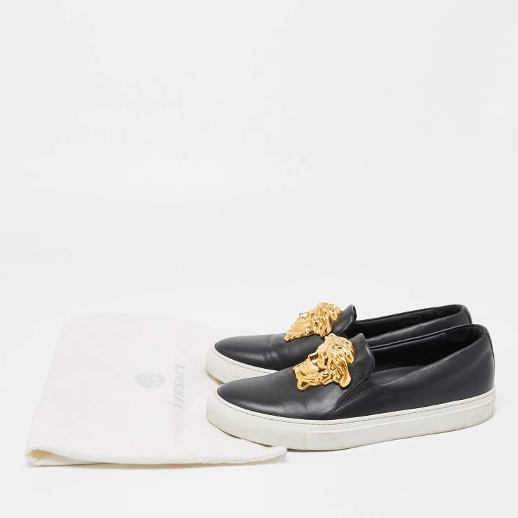Pre Owned Versace Black Leather Palazzo Medusa Slip-On Sneakers Size  37
