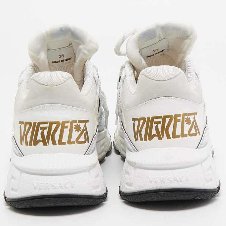 Pre Owned Versace White Leather and Coated Canvas Trigreca Sneakers Size 36
