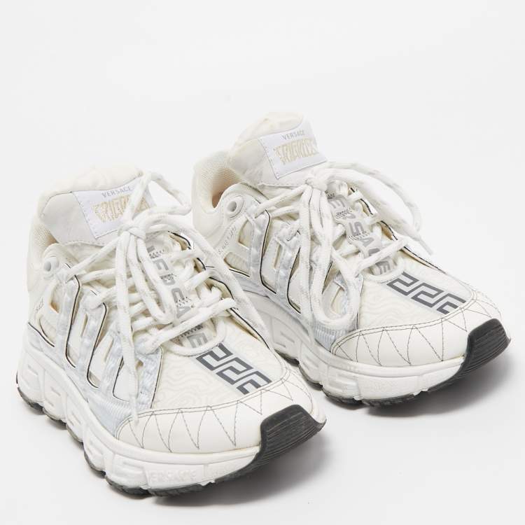 Pre Owned Versace White Leather and Coated Canvas Trigreca Sneakers Size 36