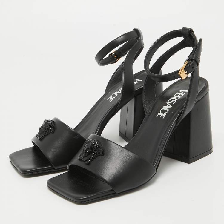Pre Owned Versace Black Leather Medusa Ankle Strap Sandals Size 36