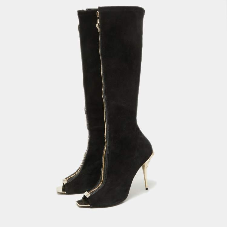 Pre Owned Versace Black Suede Open Toe Knee Length Boots Size 41