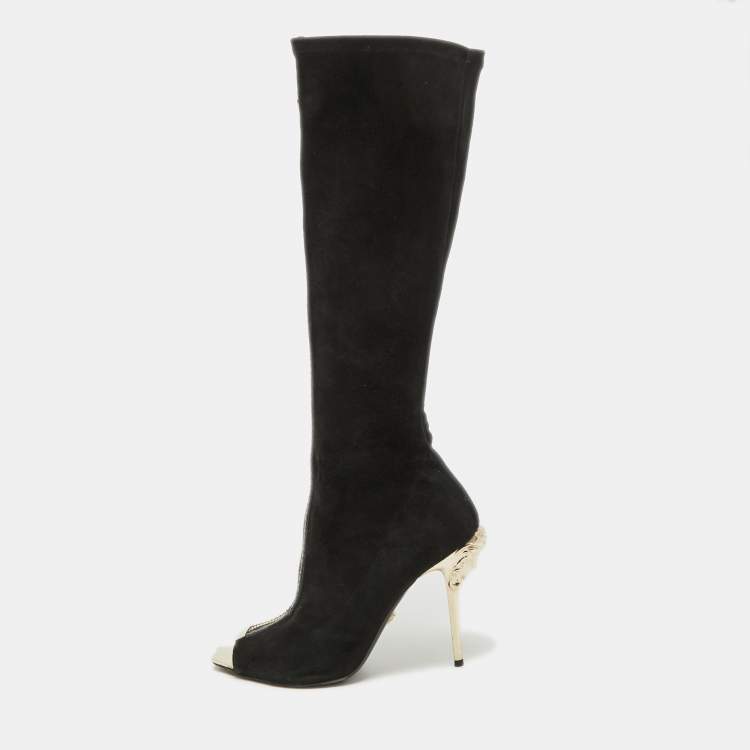 Pre Owned Versace Black Suede Open Toe Knee Length Boots Size 41