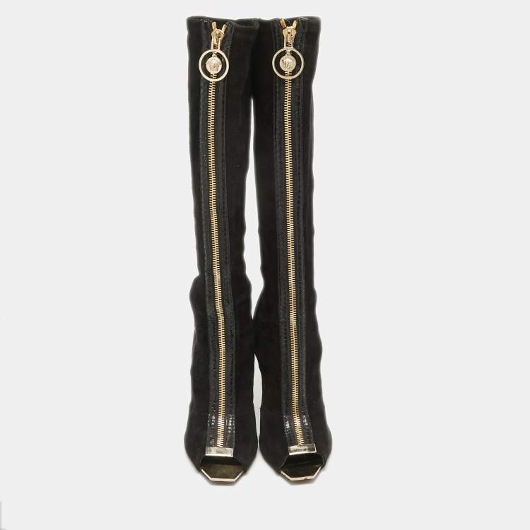 Pre Owned Versace Black Suede Open Toe Knee Length Boots Size 41