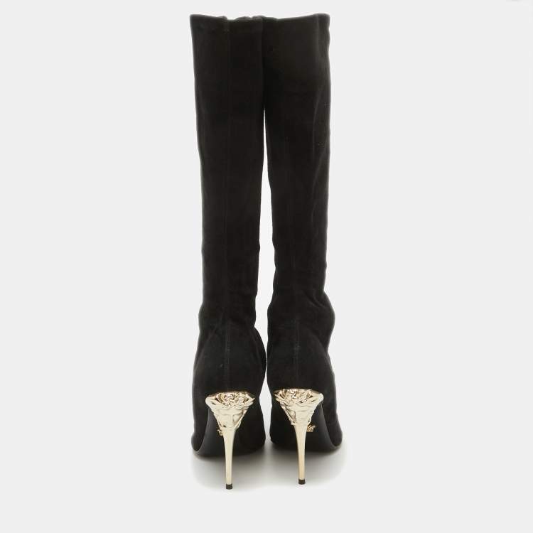 Pre Owned Versace Black Suede Open Toe Knee Length Boots Size 41
