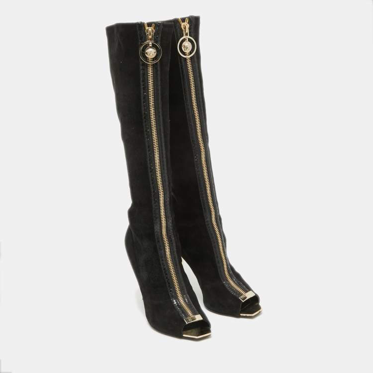 Pre Owned Versace Black Suede Open Toe Knee Length Boots Size 41