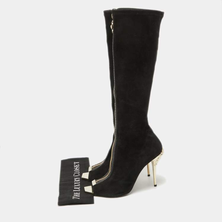 Pre Owned Versace Black Suede Open Toe Knee Length Boots Size 41