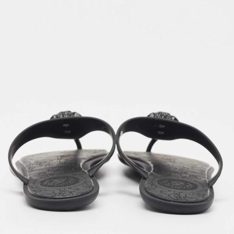 Pre Owned Versace Black Rubber Medusa Slide Flats Size 41