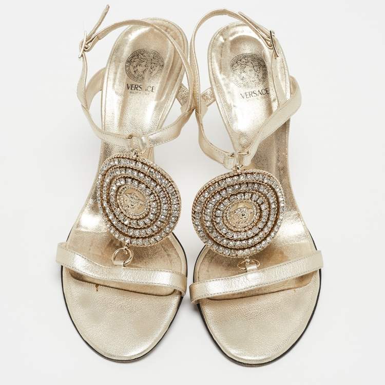 Pre Owned Versace Light Gold Leather Crystal Embellished Ankle Strap Sandals Size 38.5