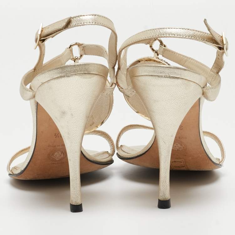 Pre Owned Versace Light Gold Leather Crystal Embellished Ankle Strap Sandals Size 38.5