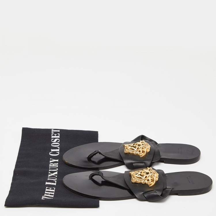 Pre Owned Versace Black Leather Medusa Detail Thong Flats Slides Size 39