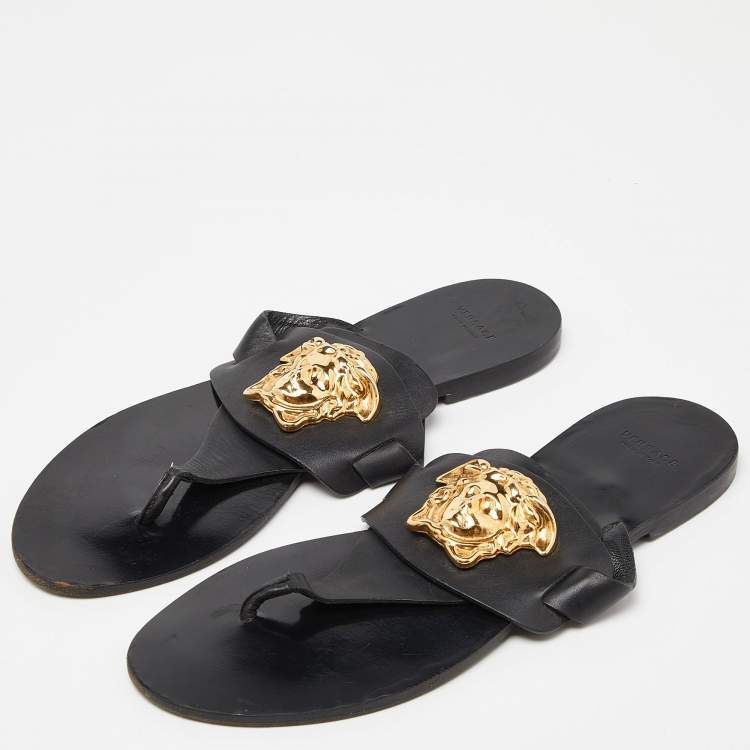 Pre Owned Versace Black Leather Medusa Detail Thong Flats Slides Size 39