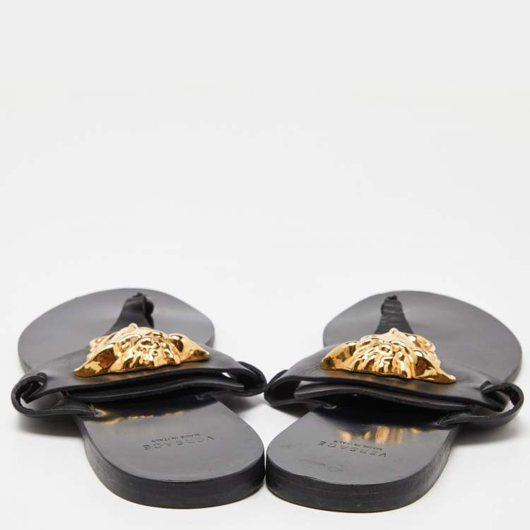 Pre Owned Versace Black Leather Medusa Detail Thong Flats Slides Size 39