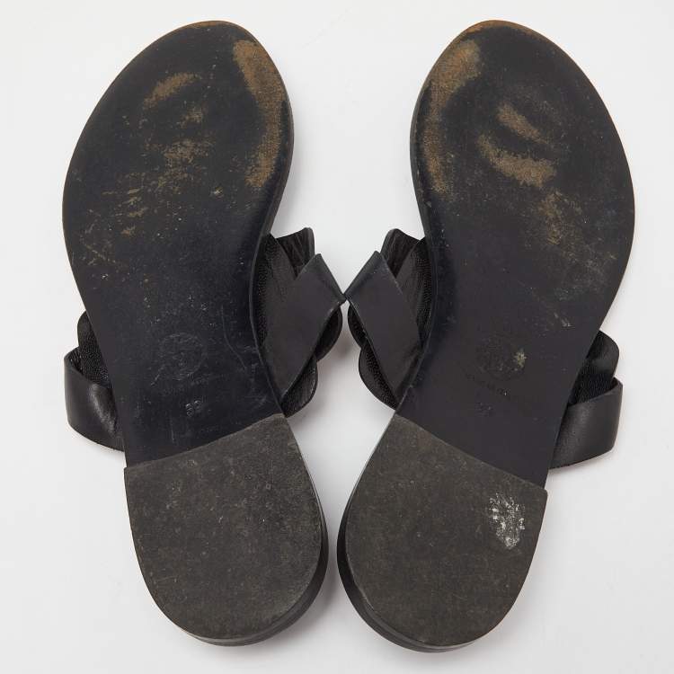 Pre Owned Versace Black Leather Medusa Detail Thong Flats Slides Size 39