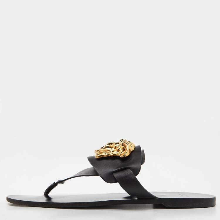 Pre Owned Versace Black Leather Medusa Detail Thong Flats Slides Size 39