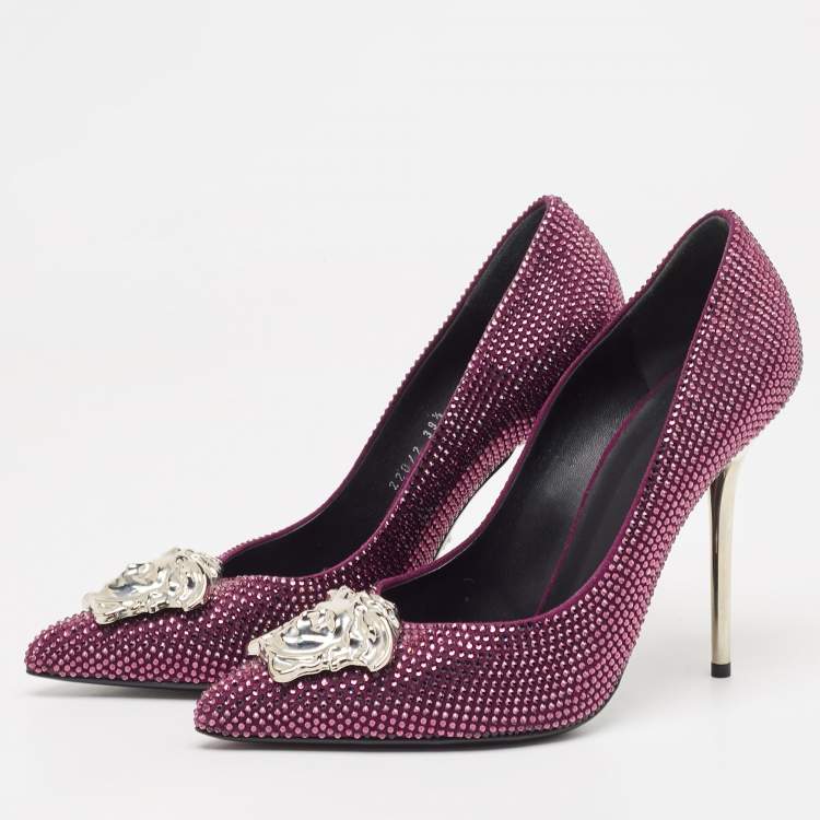 Pre Owned Versace Purple Suede Crystals Medusa Pumps Size 39.5