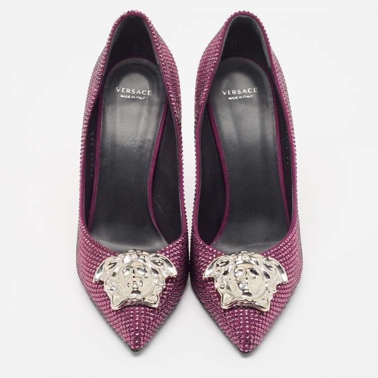 Pre Owned Versace Purple Suede Crystals Medusa Pumps Size 39.5