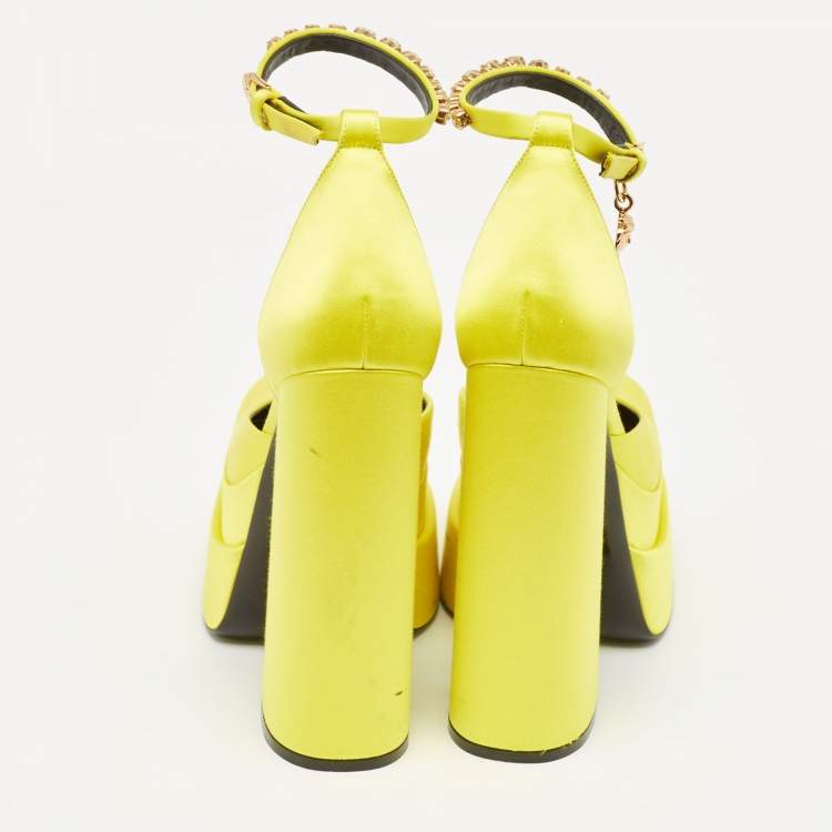 Pre Owned Versace Yellow Satin Medusa Aevitas Platform Ankle Strap Pumps Size 37